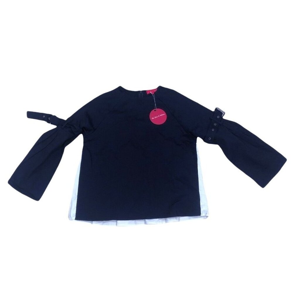 The Line In Between Bell Sleeve Top Small Navy Blue White Cotton Casual